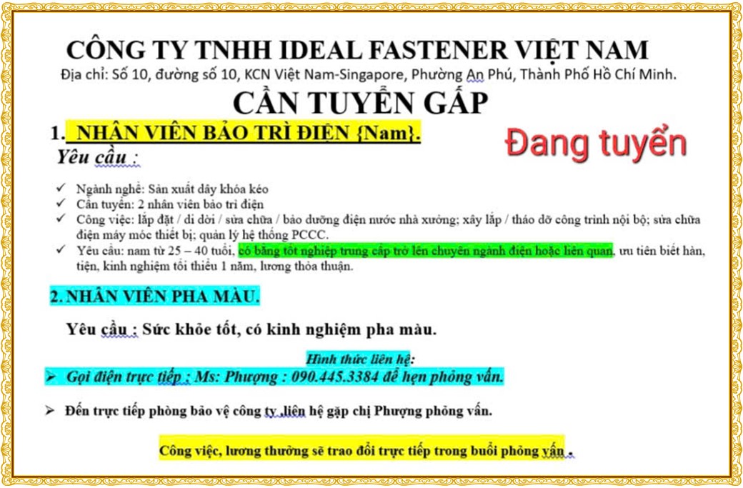 Tuyển dụng Việc làm tại KCN Rạch Bắp Bình Dương lương cao cập nhật mới ngày 01 tháng 09 năm 2026