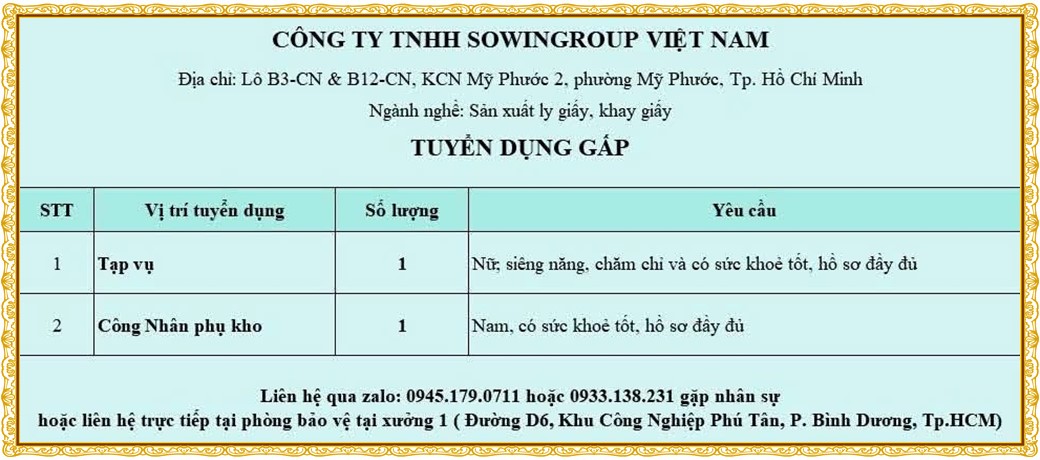 Tuyển dụng Việc làm tại KCN Nam Tân Uyên Bình Dương lương cao cập nhật mới ngày 02 tháng 10 năm 2026
