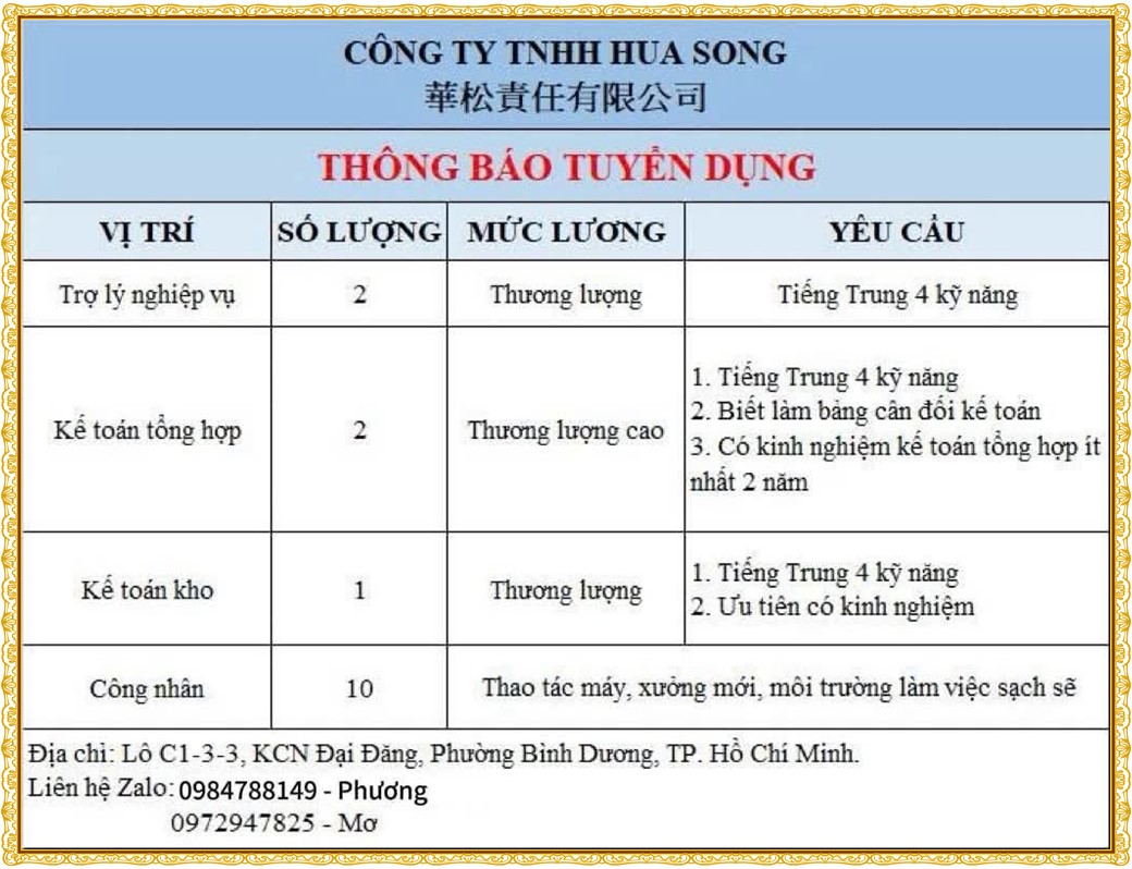 Tuyển dụng Việc làm tại KCN Việt Hương Bình Dương lương cao cập nhật mới ngày 02 tháng 10 năm 2026