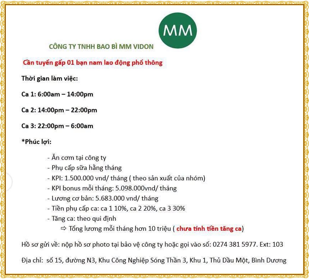 Tuyển dụng Việc làm tại KCN Rạch Bắp Bình Dương lương cao cập nhật mới ngày 03 tháng 07 năm 2026