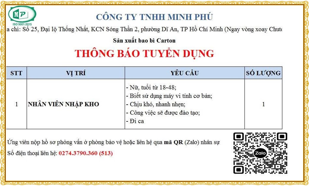 Tuyển dụng Việc làm tại KCN Việt Hương Bình Dương lương cao cập nhật mới ngày 03 tháng 07 năm 2026