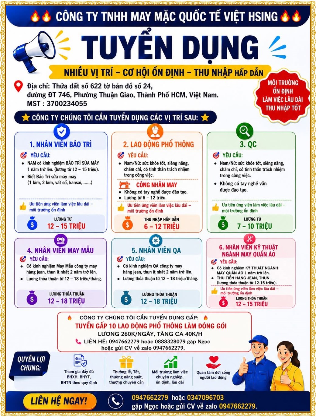 Tuyển dụng Việc làm tại KCN Việt Hương Bình Dương lương cao cập nhật mới ngày 05 tháng 08 năm 2026