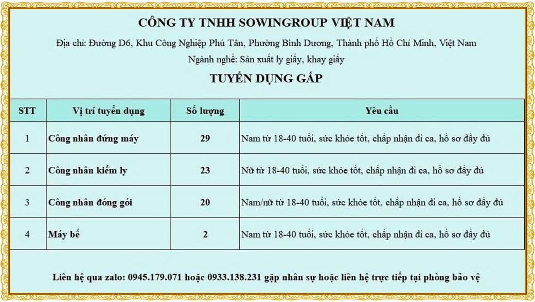 Tuyển dụng Việc làm tại KCN Đại Đăng Bình Dương lương cao cập nhật mới ngày 10 tháng 10 năm 2026