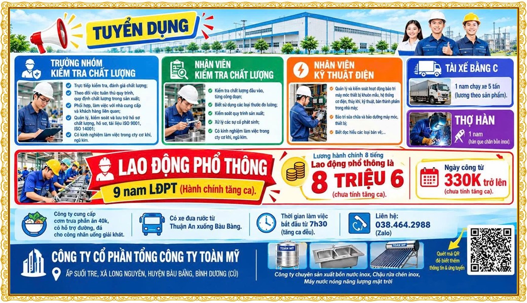 Tuyển dụng Việc làm tại KCN Việt Hương Bình Dương lương cao cập nhật mới ngày 10 tháng 10 năm 2026