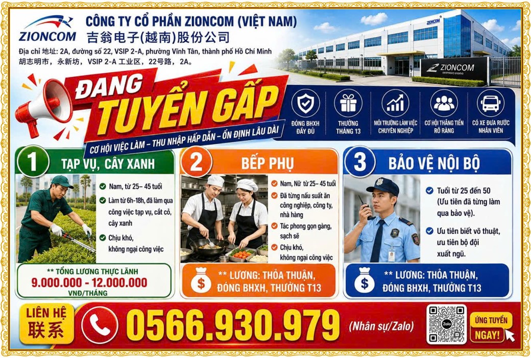 Tuyển dụng Việc làm tại KCN Bàu Bàng Bình Dương lương cao cập nhật mới ngày 09 tháng 09 năm 2026