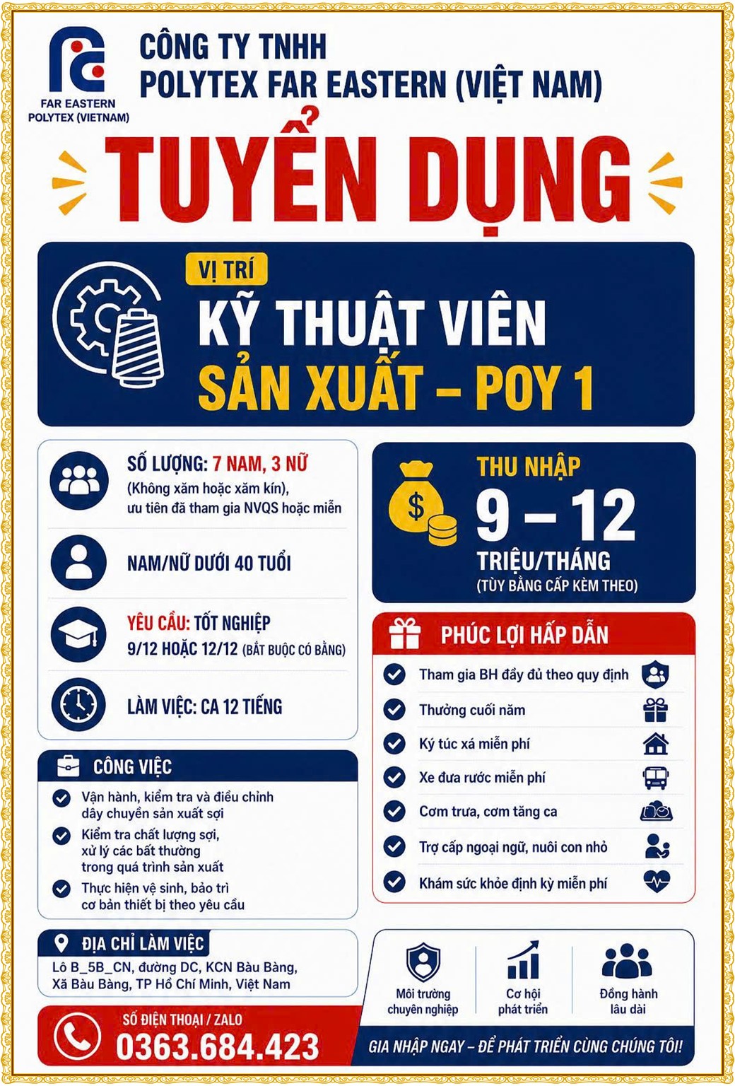 Tuyển dụng Việc làm tại KCN Nam Tân Uyên Bình Dương lương cao cập nhật mới ngày 09 tháng 10 năm 2026