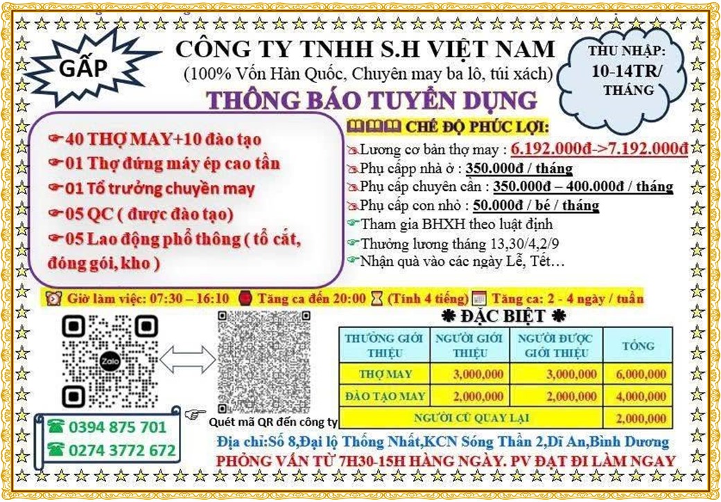 Tuyển dụng Việc làm tại KCN Sóng Thần Bình Dương lương cao cập nhật mới ngày 10 tháng 08 năm 2026