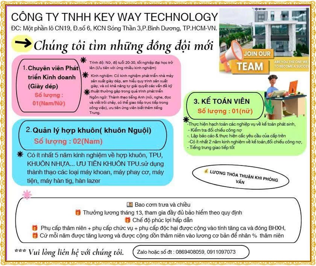Tuyển dụng Việc làm tại KCN Đồng An Bình Dương lương cao cập nhật mới ngày 12 tháng 08 năm 2026