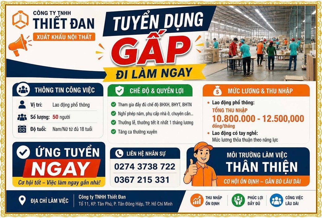 Tuyển dụng Việc làm tại KCN Đại Đăng Bình Dương lương cao cập nhật mới ngày 13 tháng 07 năm 2026