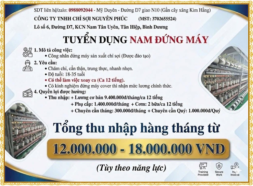 Tuyển dụng Việc làm tại KCN Nam Tân Uyên Bình Dương lương cao cập nhật mới ngày 14 tháng 09 năm 2026