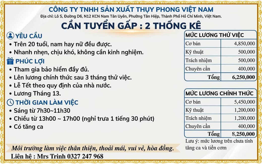 Tuyển dụng Việc làm tại KCN Bàu Bàng Bình Dương lương cao cập nhật mới ngày 14 tháng 10 năm 2026