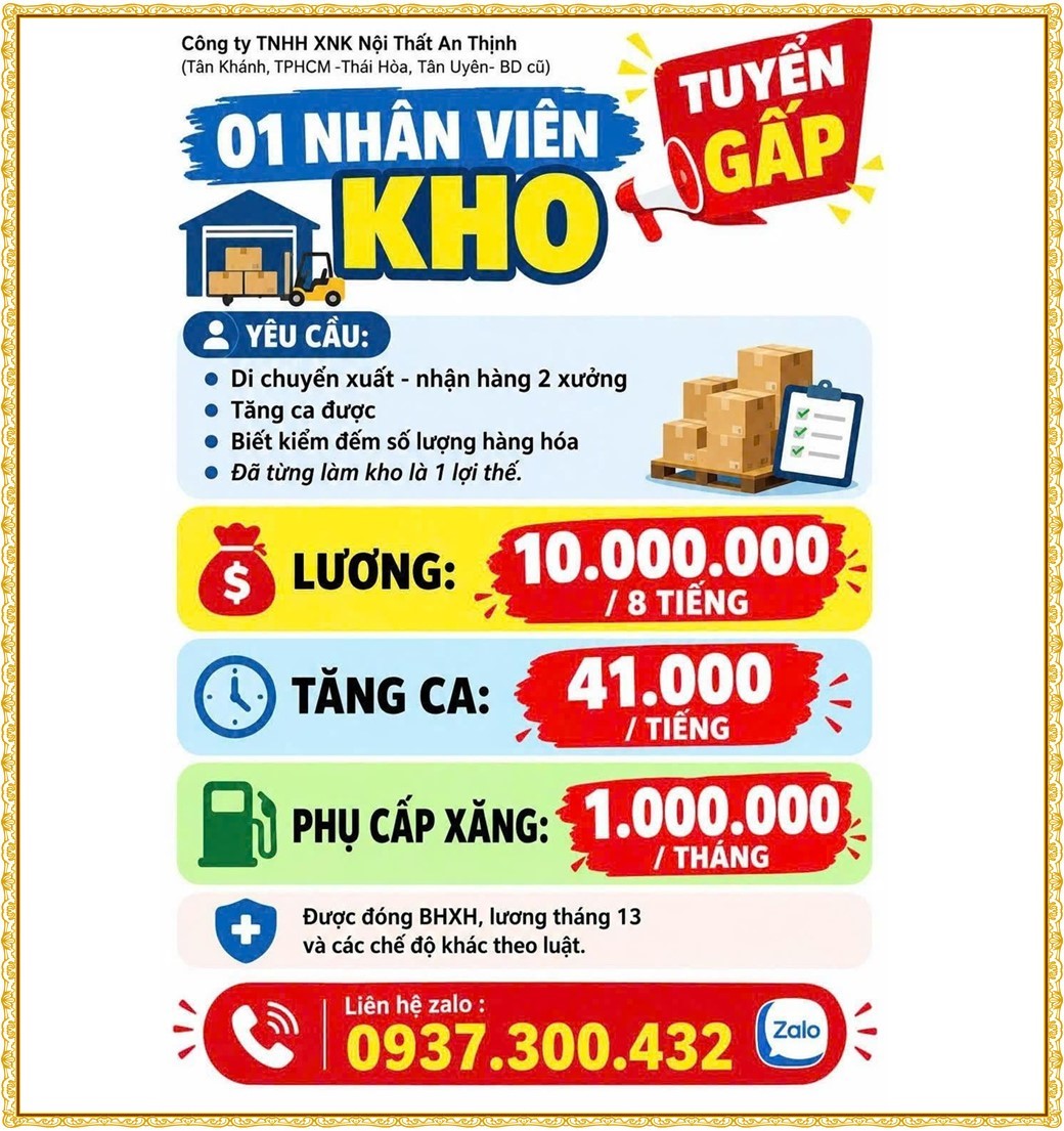Tuyển dụng Việc làm tại KCN Đồng An Bình Dương lương cao cập nhật mới ngày 15 tháng 10 năm 2026