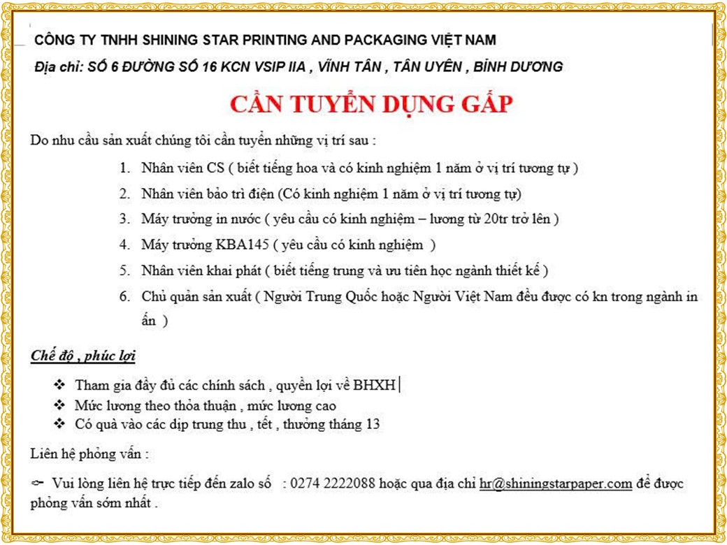 Tuyển dụng Việc làm tại KCN Sóng Thần Bình Dương lương cao cập nhật mới ngày 15 tháng 10 năm 2026