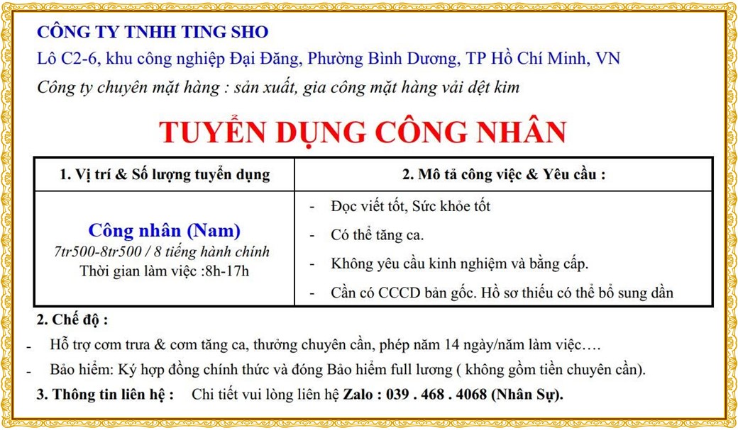 Tuyển dụng Việc làm tại KCN Mỹ Phước Bình Dương lương cao cập nhật mới ngày 16 tháng 07 năm 2026