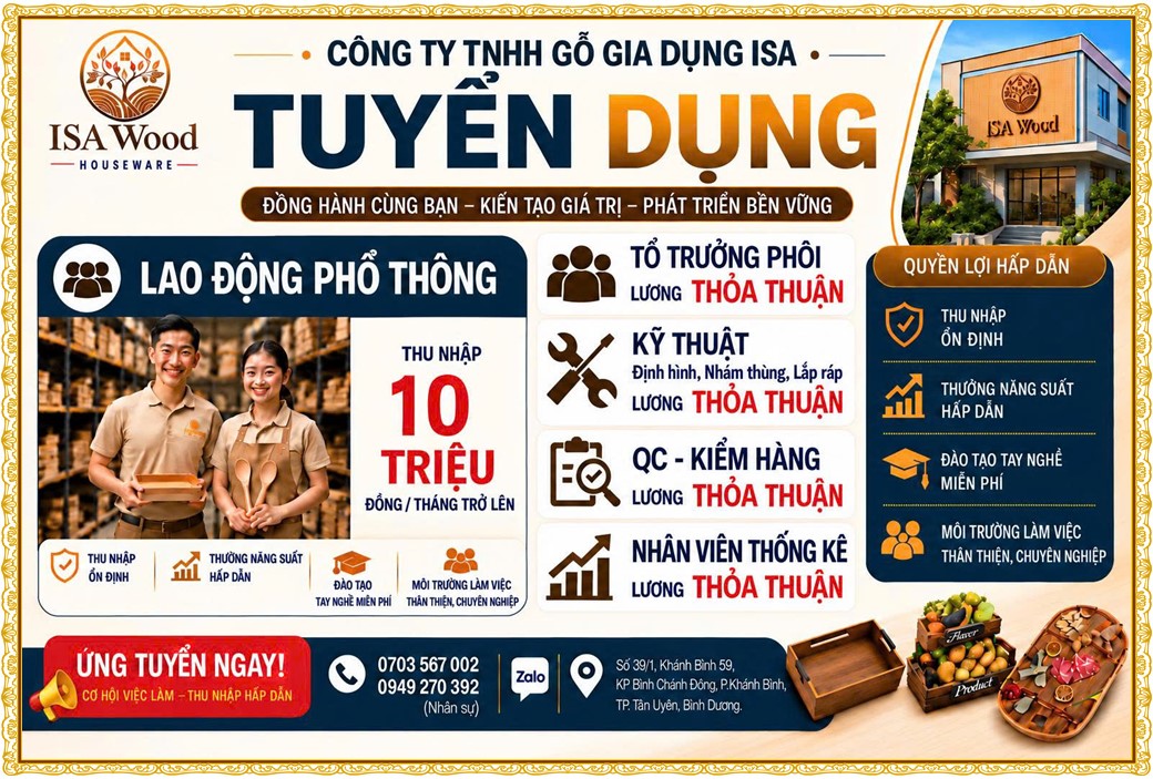 Tuyển dụng Việc làm tại KCN Đại Đăng Bình Dương lương cao cập nhật mới ngày 16 tháng 10 năm 2026