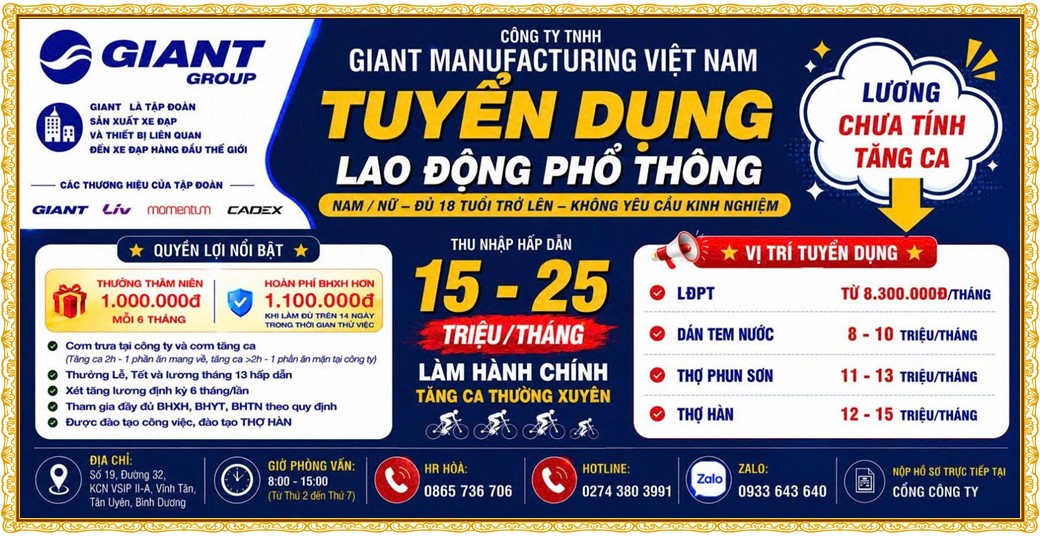 Tuyển dụng Việc làm tại KCN Đại Đăng Bình Dương lương cao cập nhật mới ngày 17 tháng 08 năm 2026
