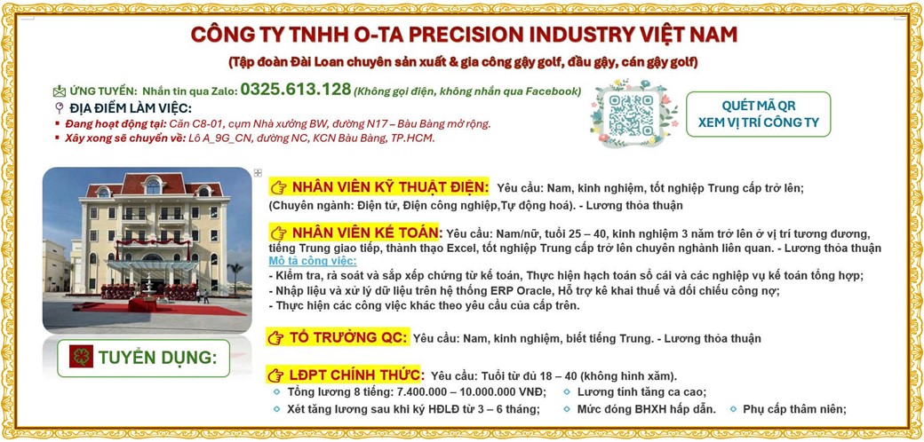 Tuyển dụng Việc làm tại KCN Việt Hương Bình Dương lương cao cập nhật mới ngày 17 tháng 08 năm 2026