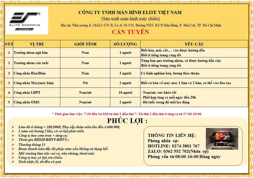Tuyển dụng Việc làm tại KCN Rạch Bắp Bình Dương lương cao cập nhật mới ngày 17 tháng 09 năm 2026