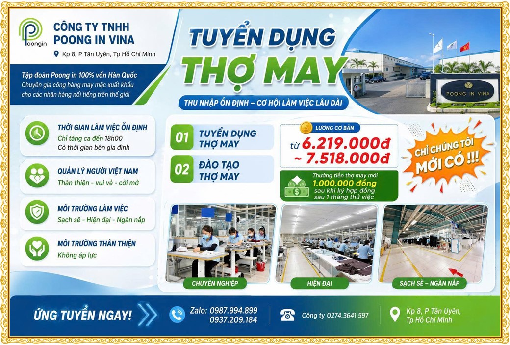 Tuyển dụng Việc làm tại KCN Đại Đăng Bình Dương lương cao cập nhật mới ngày 17 tháng 09 năm 2026