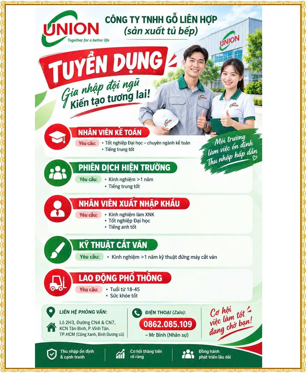 Tuyển dụng Việc làm tại KCN Việt Hương Bình Dương lương cao cập nhật mới ngày 17 tháng 09 năm 2026
