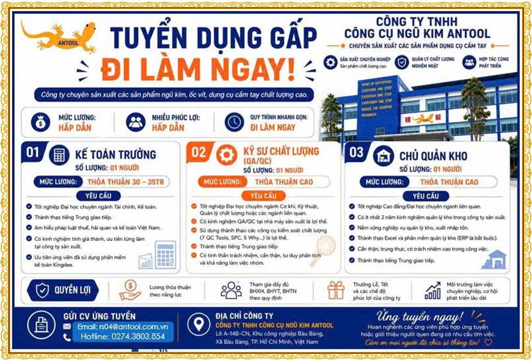 Tuyển dụng Việc làm tại KCN Nam Tân Uyên Bình Dương lương cao cập nhật mới ngày 19 tháng 08 năm 2026
