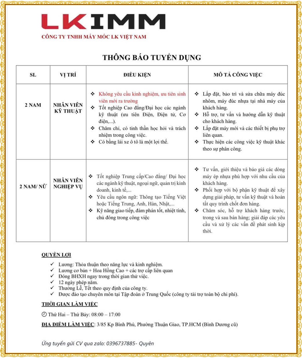 Tuyển dụng Việc làm tại KCN Việt Hương Bình Dương lương cao cập nhật mới ngày 19 tháng 08 năm 2026