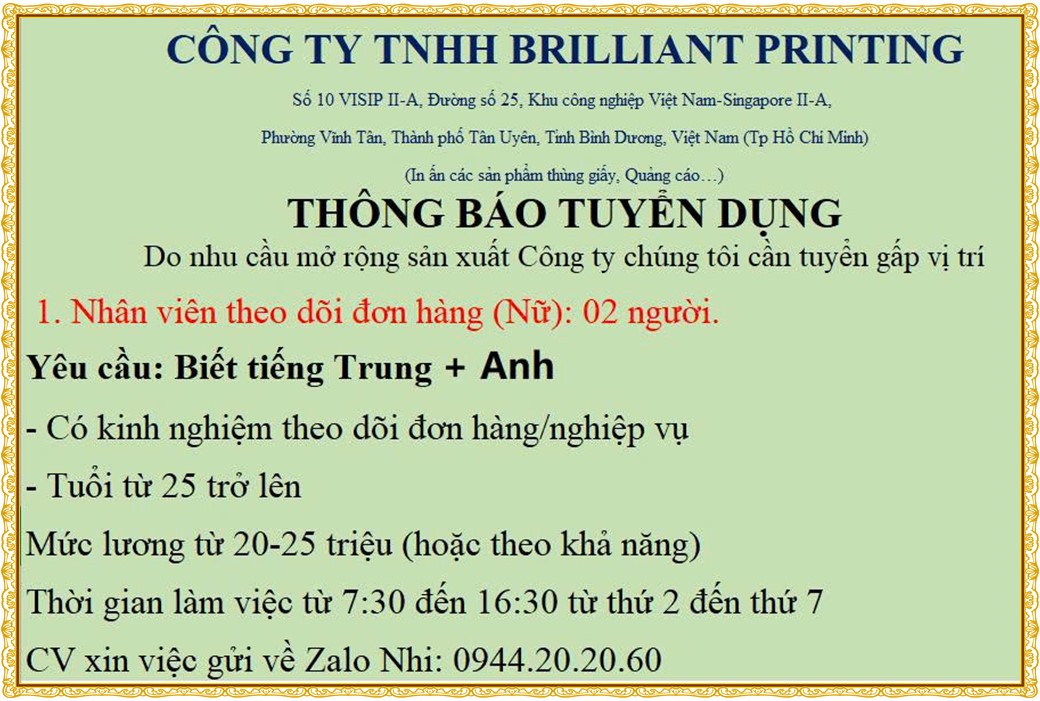 Tuyển dụng Việc làm tại KCN Sóng Thần Bình Dương lương cao cập nhật mới ngày 19 tháng 10 năm 2026