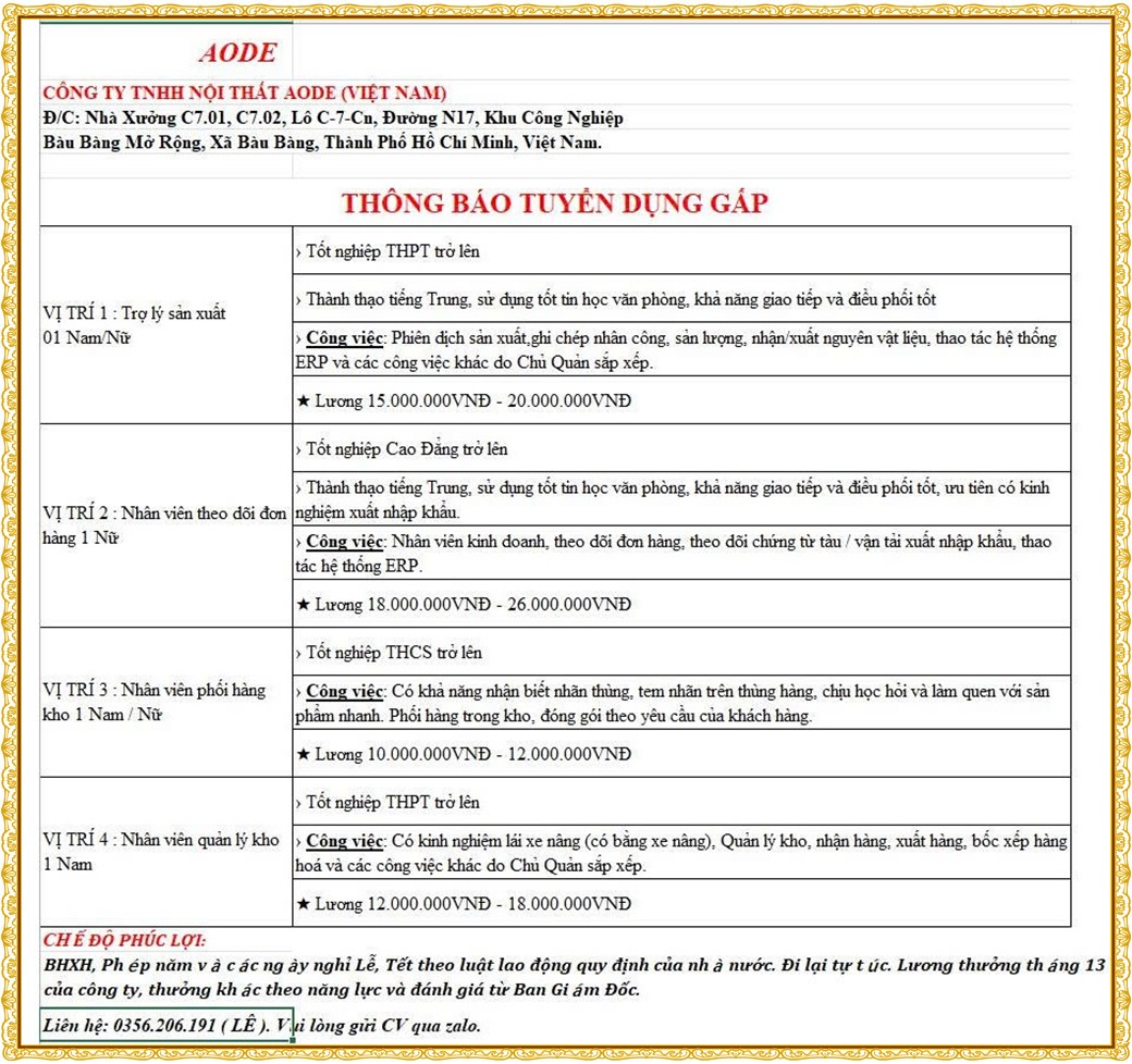 Tuyển dụng Việc làm tại KCN An Tây (Protrade) Bình Dương lương cao cập nhật mới ngày 19 tháng 10 năm 2026