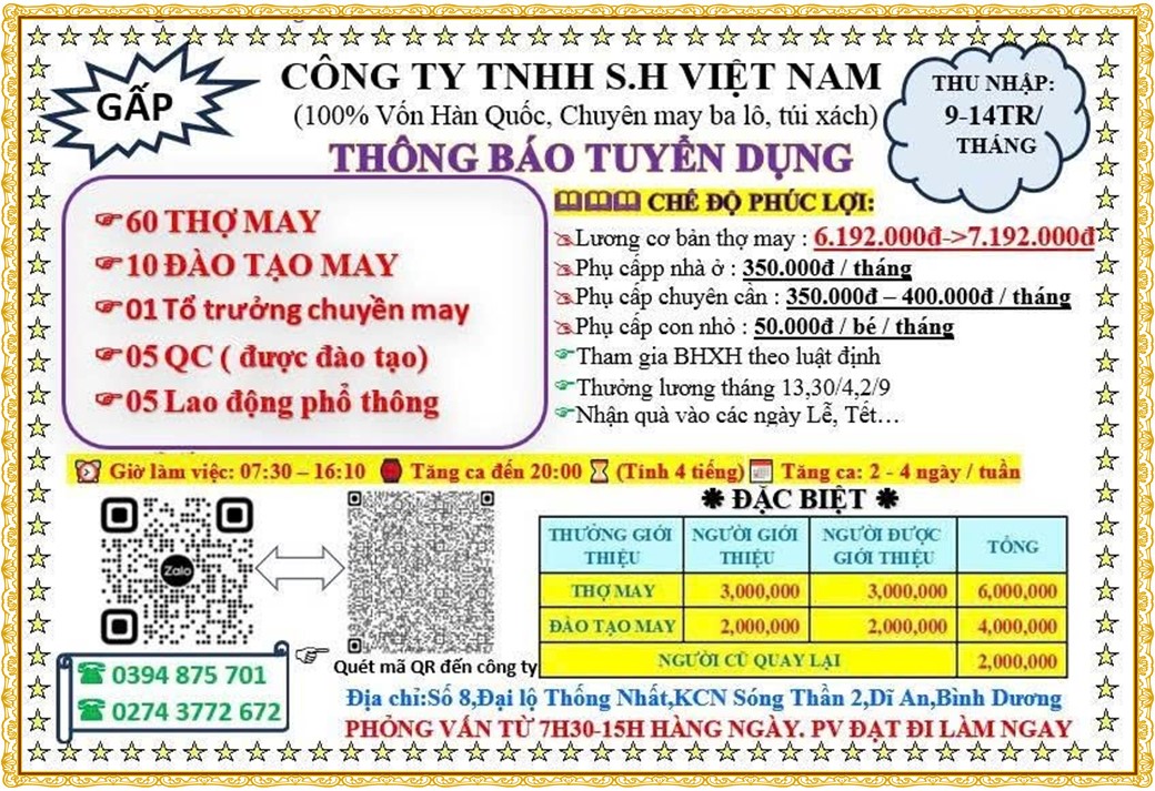 Tuyển dụng Việc làm tại KCN Đại Đăng Bình Dương lương cao cập nhật mới ngày 20 tháng 07 năm 2026