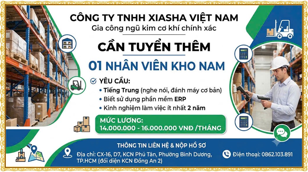 Tuyển dụng Việc làm tại KCN Nam Tân Uyên Bình Dương lương cao cập nhật mới ngày 20 tháng 10 năm 2026