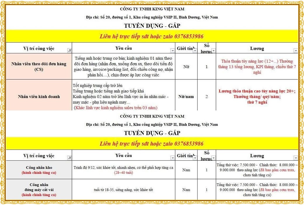Tuyển dụng Việc làm tại KCN Nam Tân Uyên Bình Dương lương cao cập nhật mới ngày 21 tháng 10 năm 2026
