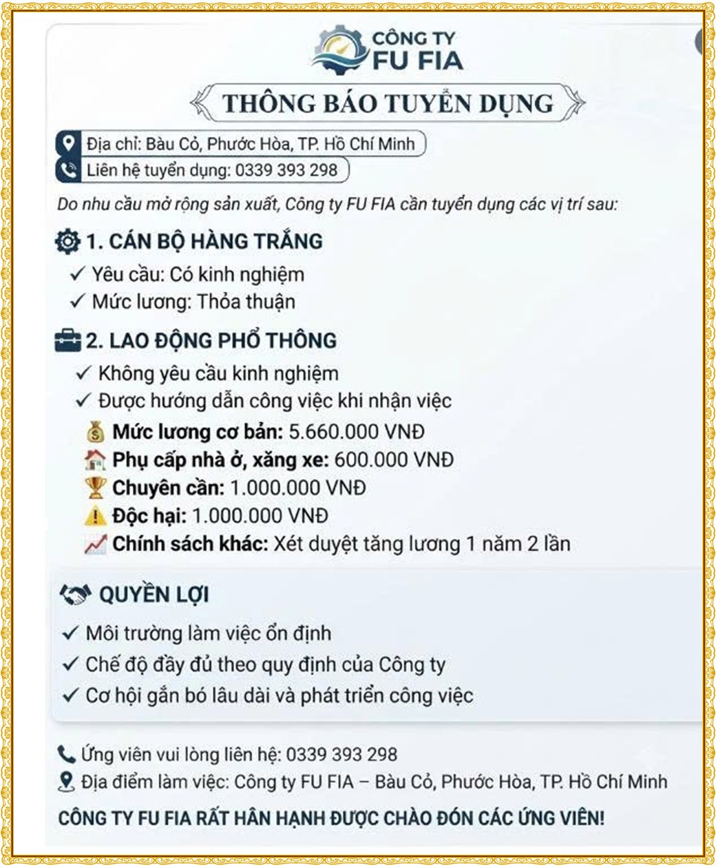 Tuyển dụng Việc làm tại KCN Việt Hương Bình Dương lương cao cập nhật mới ngày 23 tháng 10 năm 2026