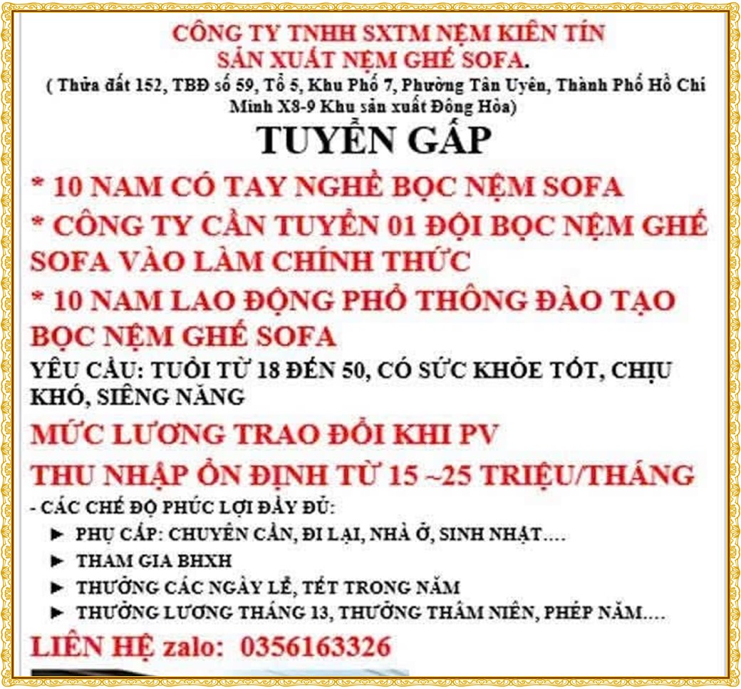 Tuyển dụng Việc làm tại KCN Bàu Bàng Bình Dương lương cao cập nhật mới ngày 27 tháng 08 năm 2026