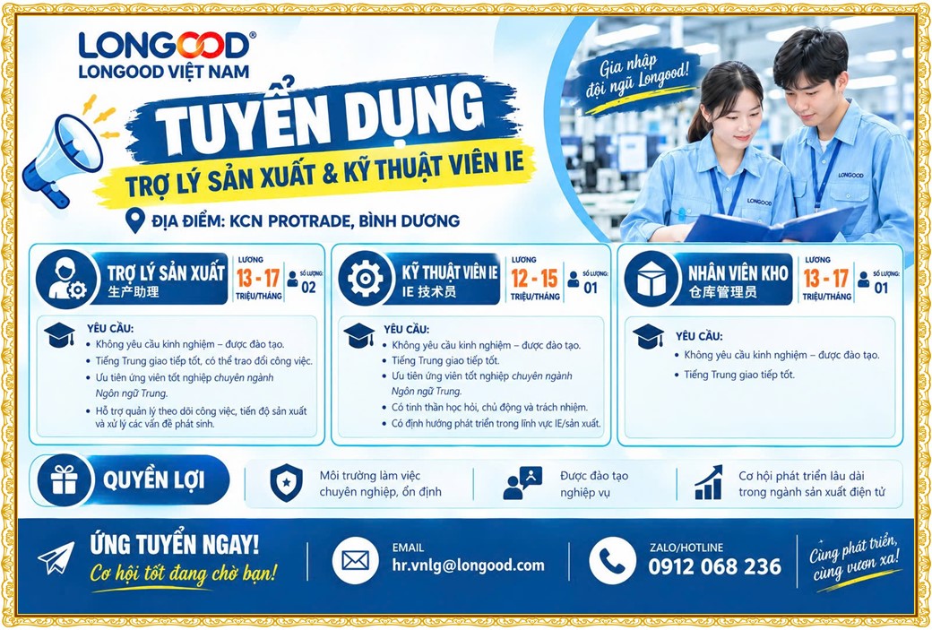 Tuyển dụng Việc làm tại KCN Việt Hương Bình Dương lương cao cập nhật mới ngày 29 tháng 09 năm 2026