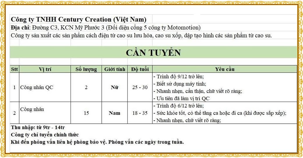 Tuyển dụng Việc làm tại KCN Nam Tân Uyên Bình Dương lương cao cập nhật mới ngày 30 tháng 09 năm 2026