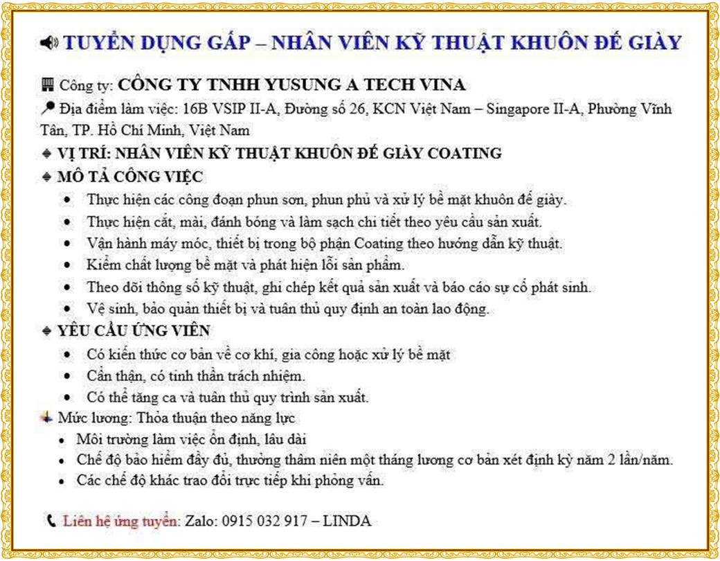 Tuyển dụng Việc làm tại KCN Việt Nam Singapore VSIP II Bình Dương lương cao cập nhật mới ngày 30 tháng 10 năm 2026