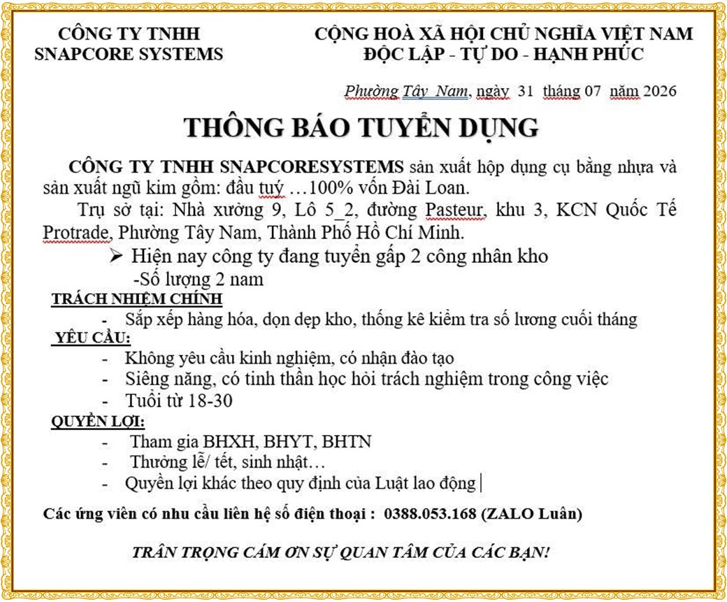Tuyển dụng Việc làm tại KCN An Tây (Protrade) Bình Dương lương cao cập nhật mới ngày 31 tháng 08 năm 2026